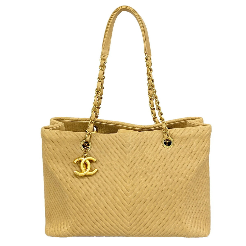 Chanel Tote Bag/Chain Tote, V-Stitch Leather, Brown, Women's